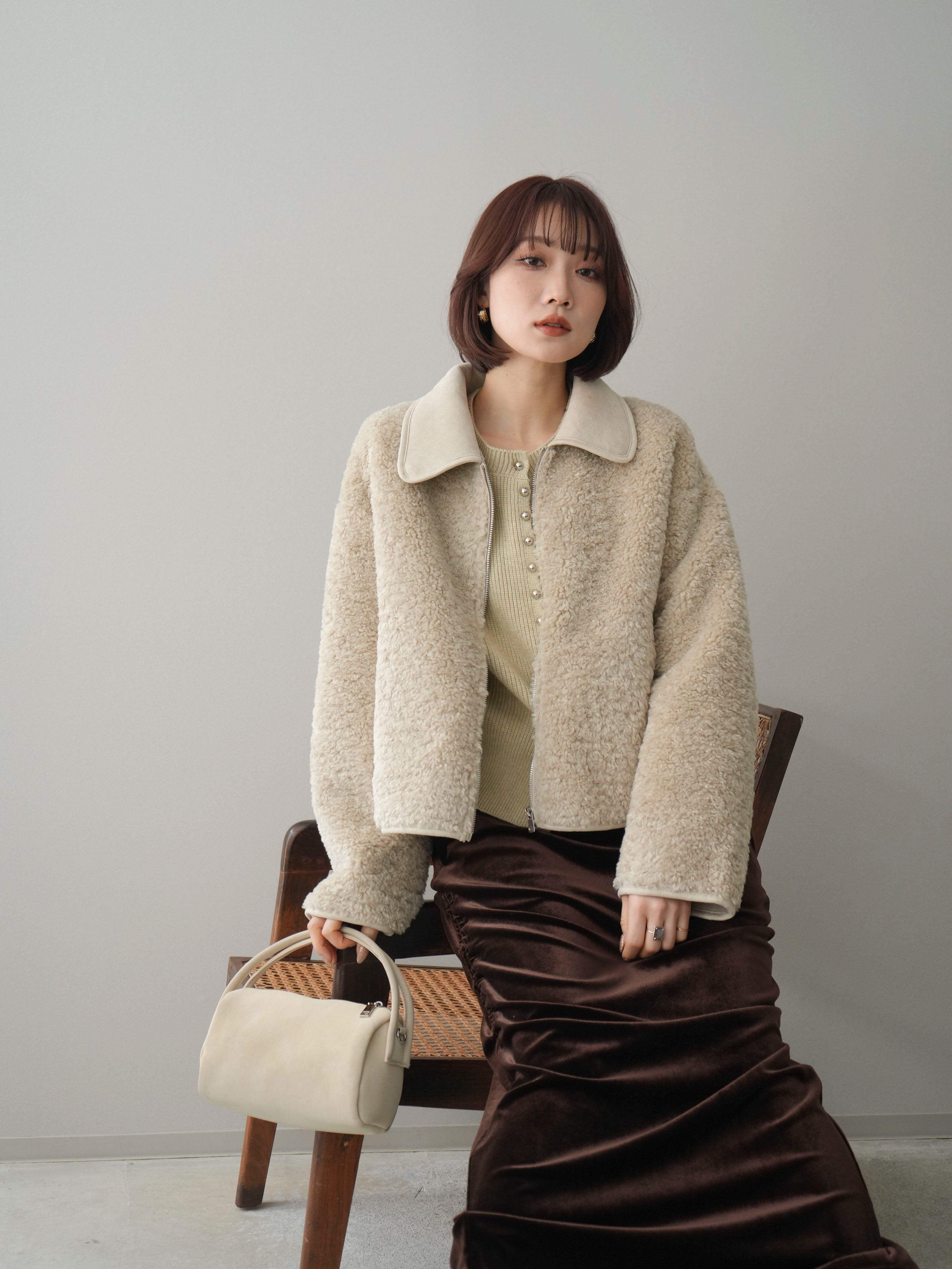SET]スエード襟ボアショートジャケット+シルバーボタン畦編みニット