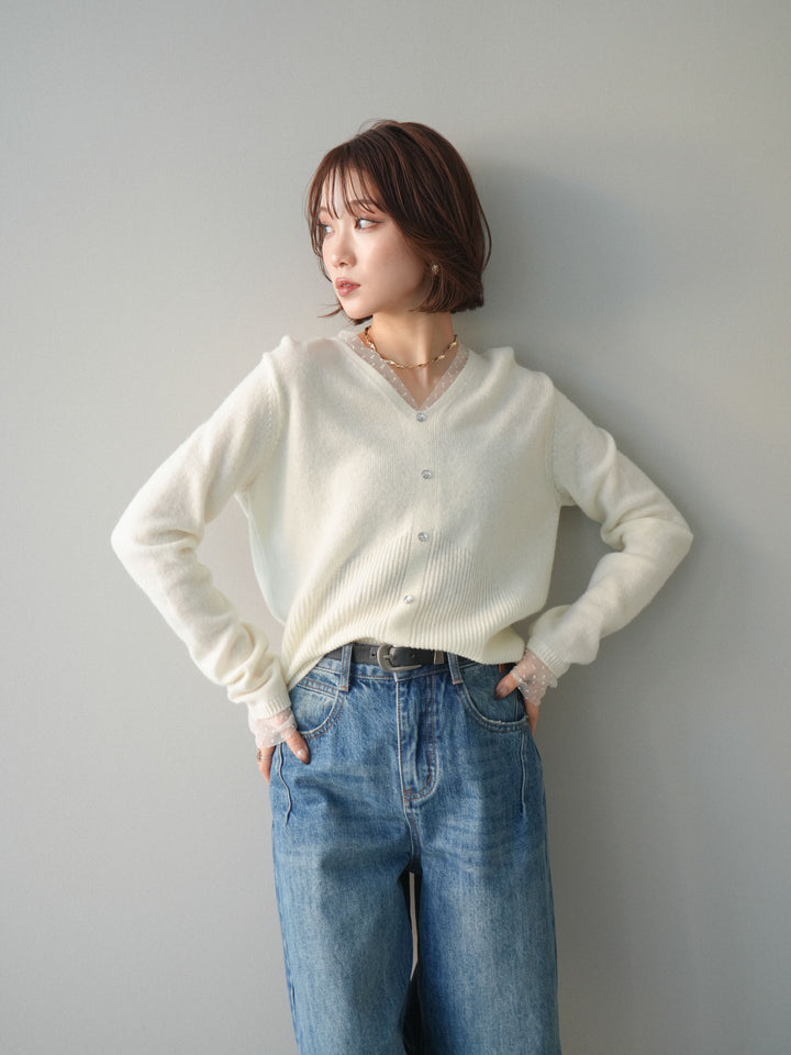 [SET]ドットチュールレイヤードボタンニットトップス+選べるアクセセット(2set)