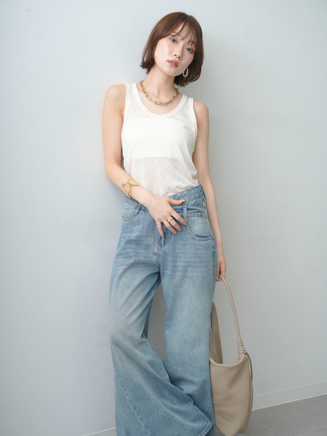 [SET]バックレースタンクトップ+アシンメトリーウエストワイドデニム(2set)