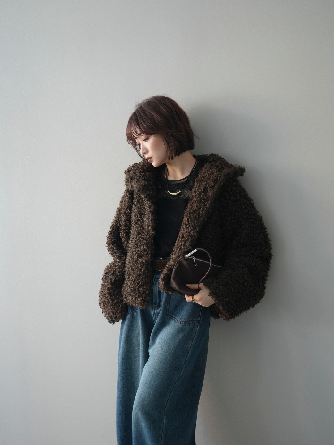 [SET]プードルファーミドルスタンドブルゾン+チュールレーストップス+ベルト付裏起毛カーブデニムパンツ(3set)