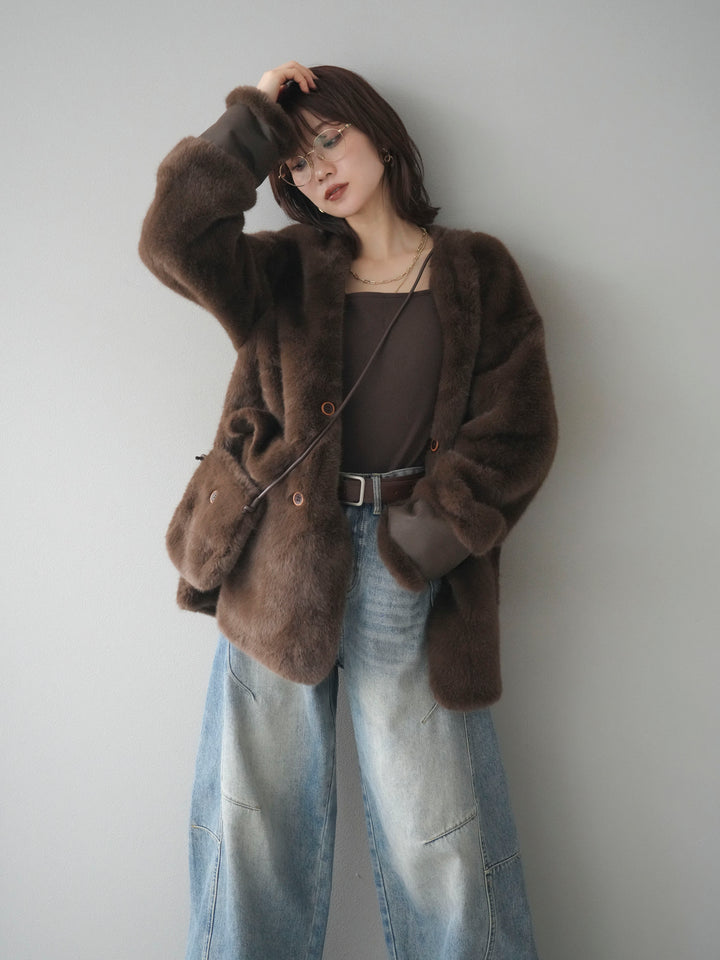 [SET]バッグ付エコファーノーカラーコート+ベルト付カーブデニムパンツ(2set)