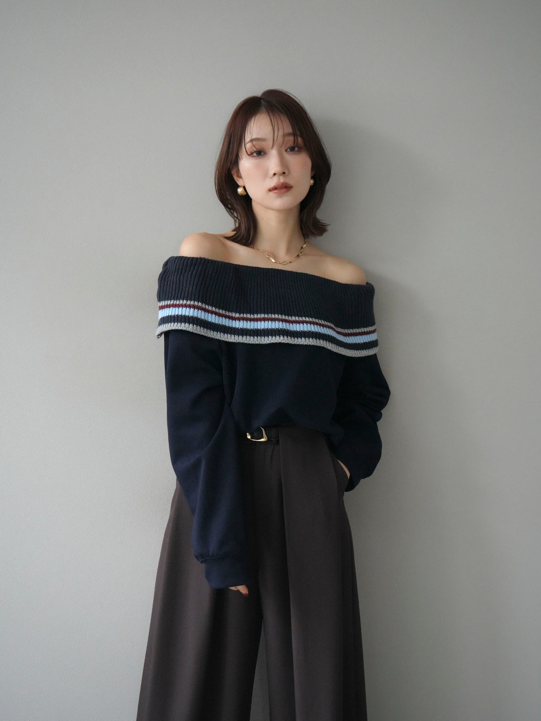[予約]ボーダーニットオフショルダーxスウェットプルオーバー/navy