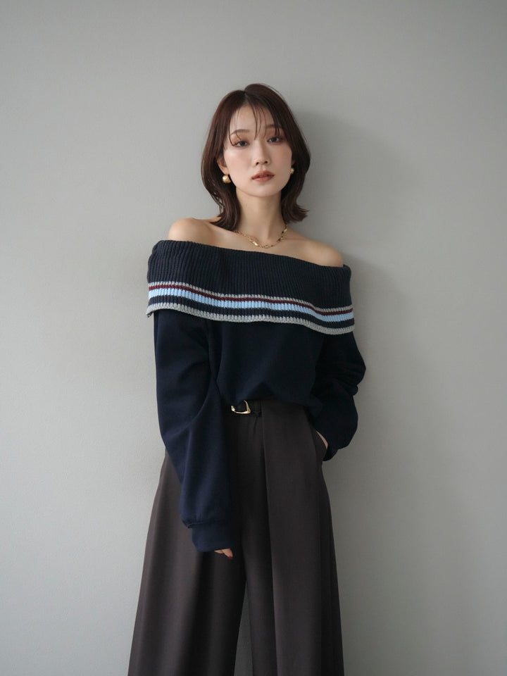 [予約]ボーダーニットオフショルダーxスウェットプルオーバー/navy
