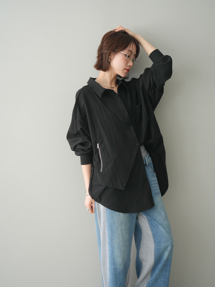 [予約]リブカフスアシンメトリーZIPデザインオーバーシャツ/black
