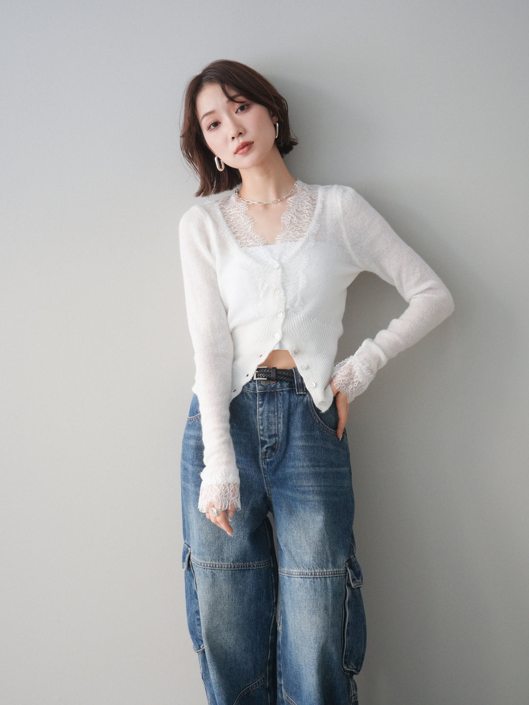 [予約]モヘアタッチレースニットカーディガン/off