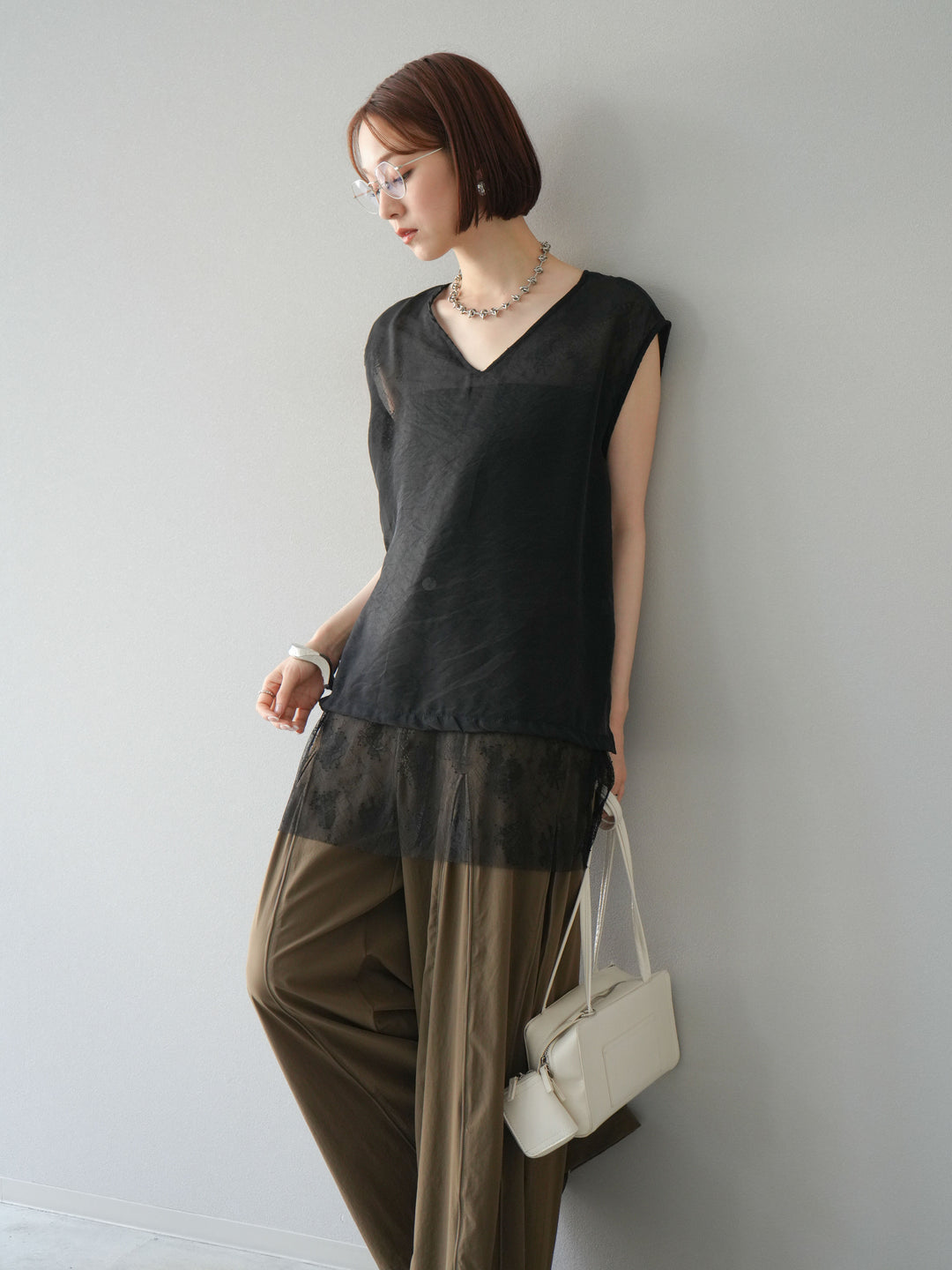 [予約]レースレイヤードオーガンジートップス/ブラック