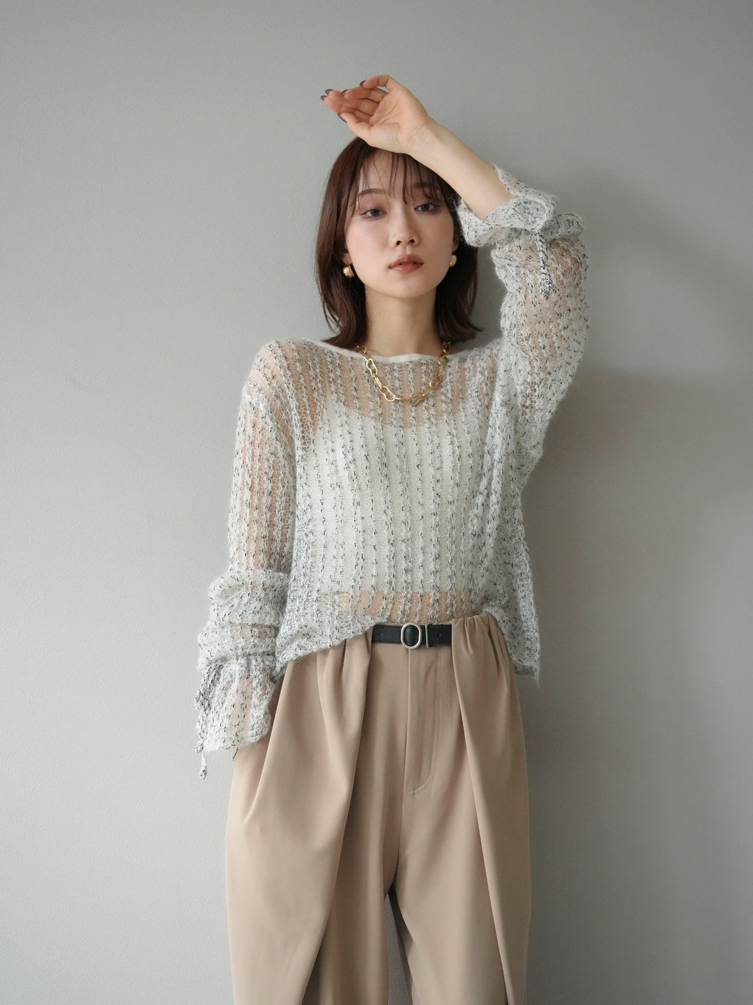 [予約]ストライプメッシュニットプルオーバー/ホワイト