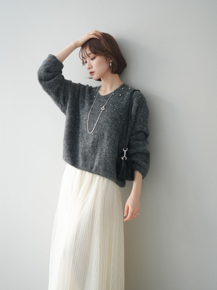 [予約]パール×ビジューVネックニットプルオーバー/gray