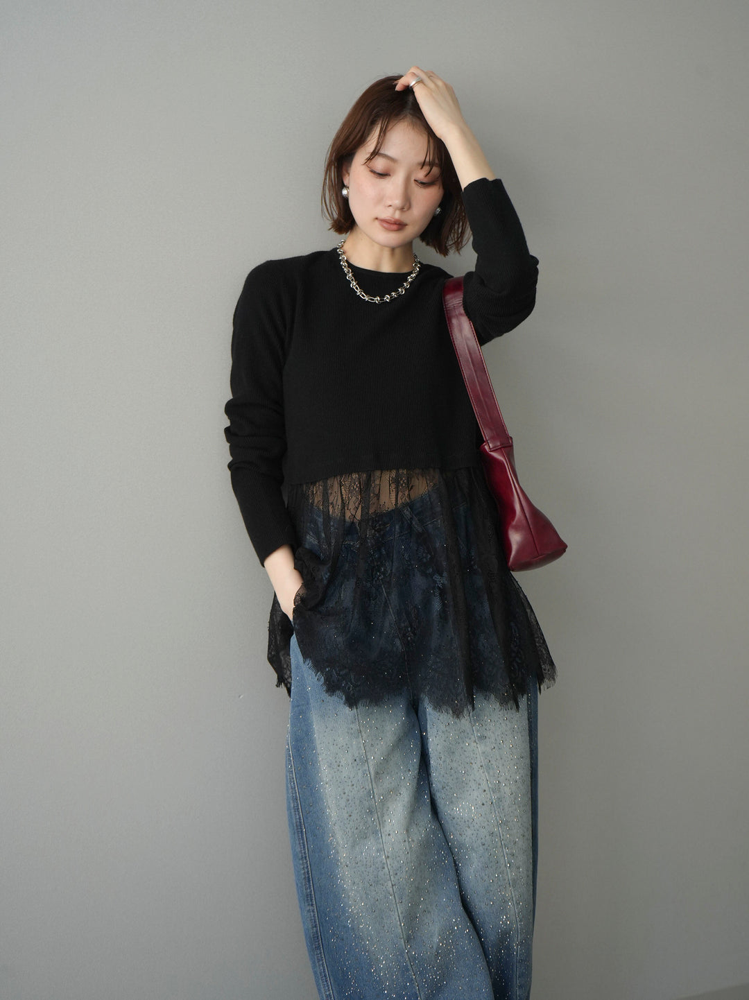 [予約]クルーネックレースドッキングリブニットトップス/black