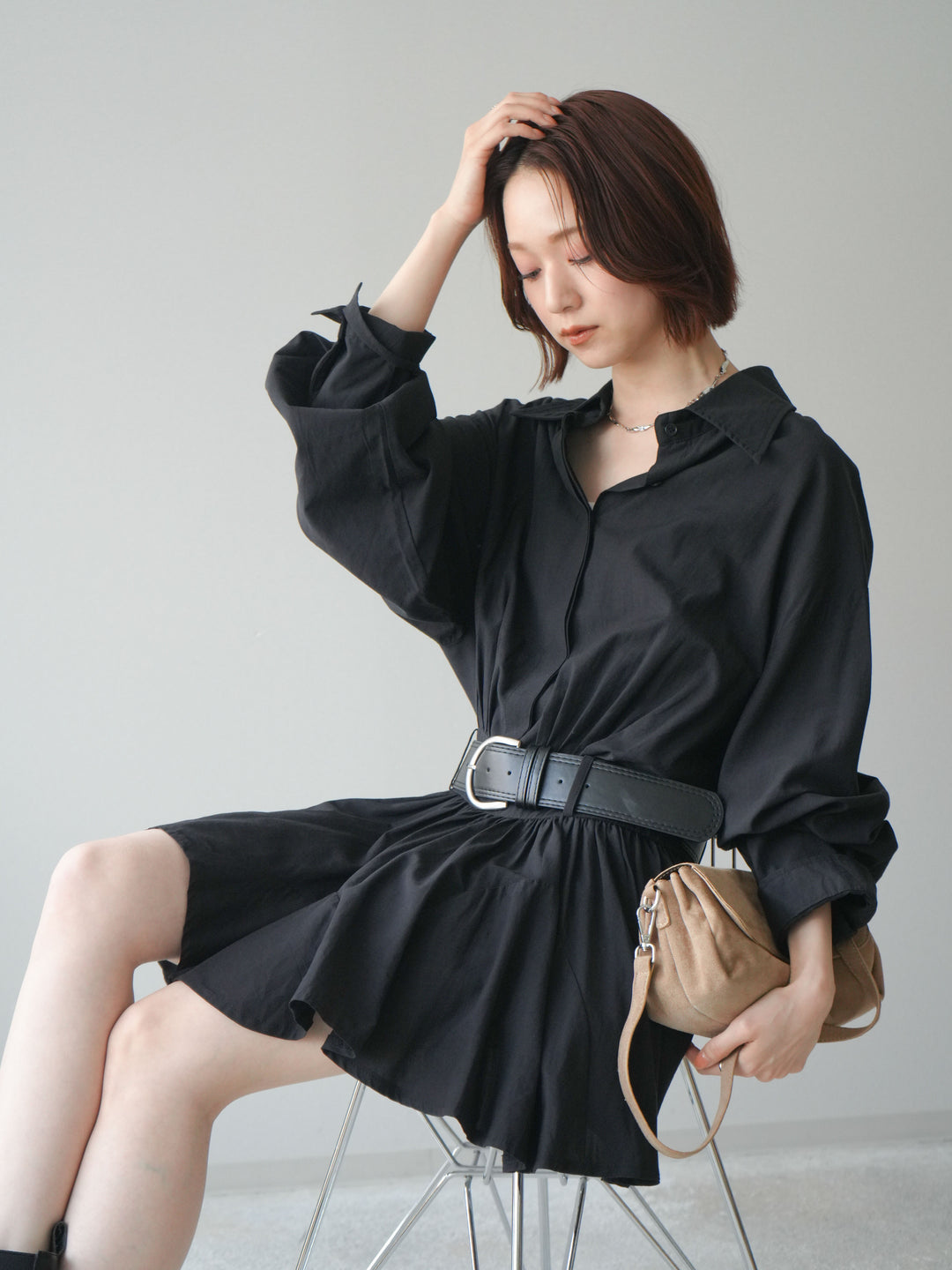 [予約]ベルト付フレアシャツミニワンピース/black