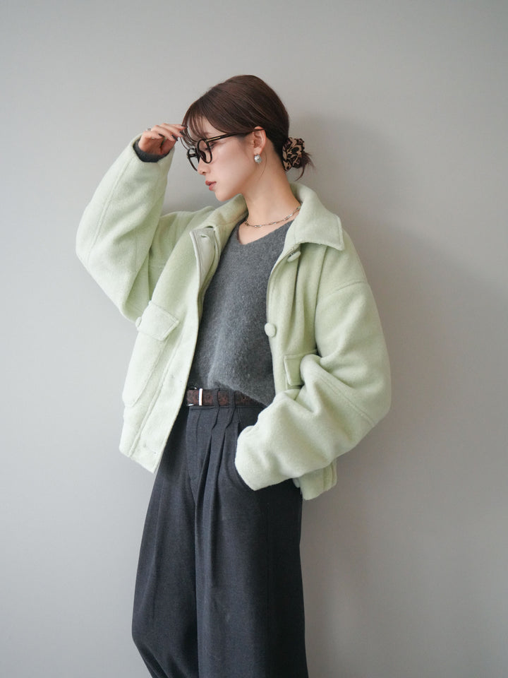 [SET]ウールライクフライトジャケット+シュシュ付きアンゴラタッチVネックニットプルオーバー(2set)