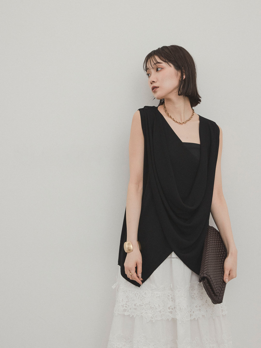 [SET]ドライタッチドレープニットプルオーバー+スカラップレースロングスカート(2set)