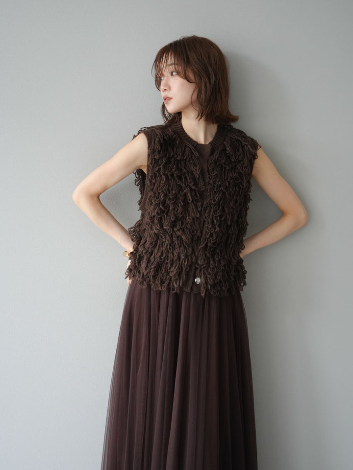 [SET] 前開衩針織背心 + 薄紗蓬鬆裙 (2 件套)