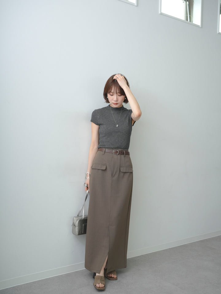 [SET]シアーバックボタンリブニットトップス+クレープデシンフラップ付きストレートスカート(2set)