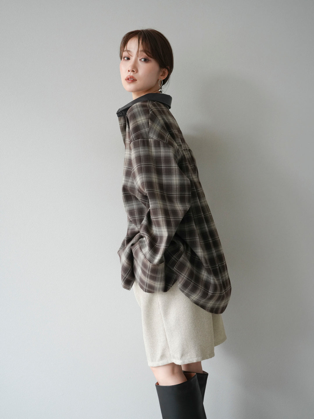 【着回しセット】[SET]レザー襟オンブレチェックオーバーシャツ +クラッシュベロアナロースカート+ツイードハーフパンツ(3set)