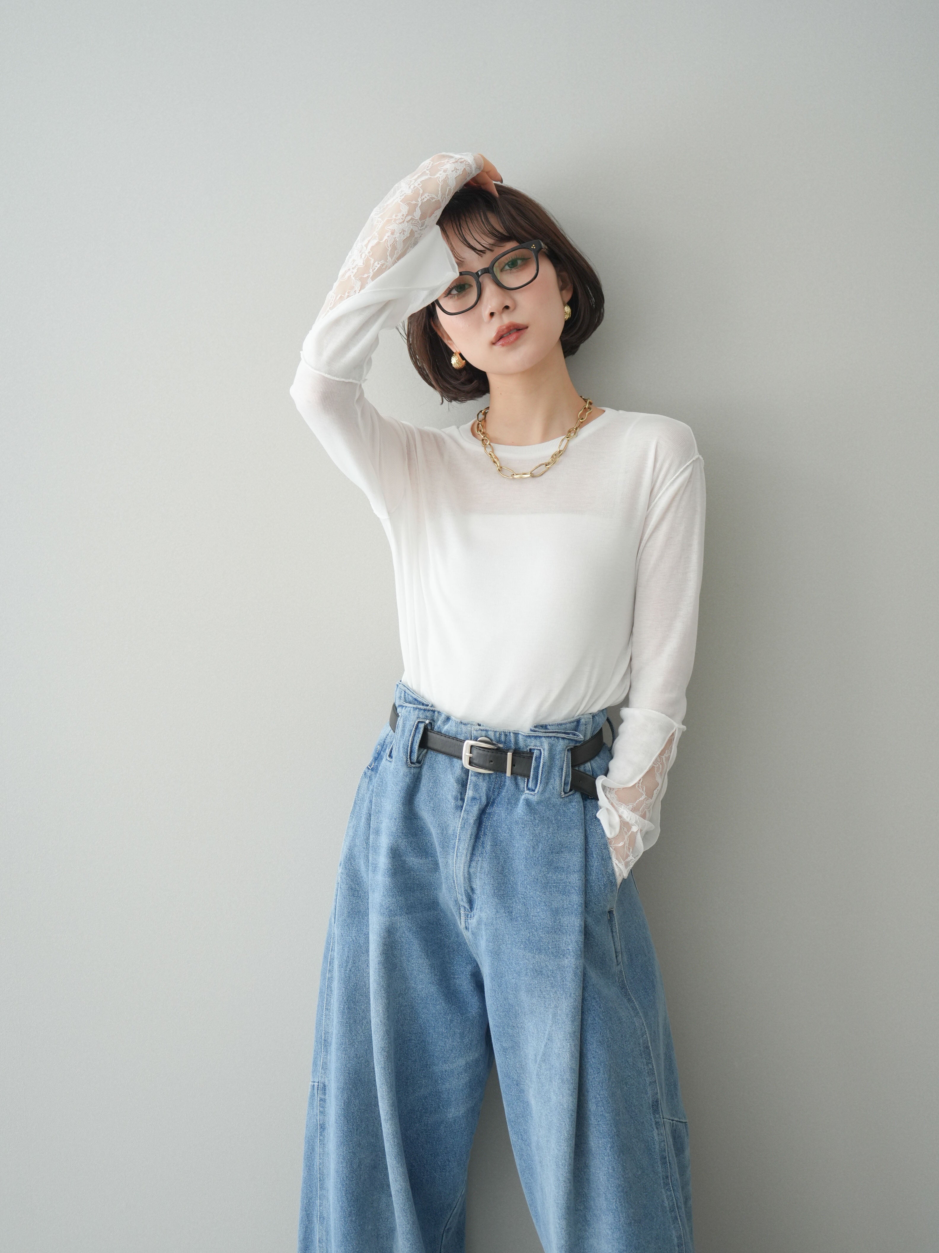 SET]袖レースレイヤードデザインメロートップス+選べるアクセセット