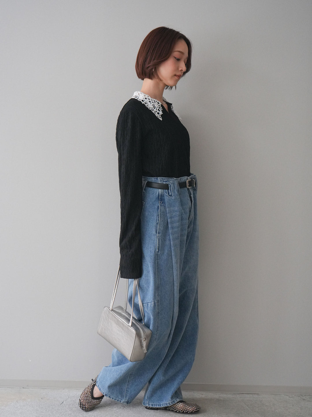 [SET]袖スリットレースカラートップス+ハイウエストベルトループデザインデニムパンツ(2set)