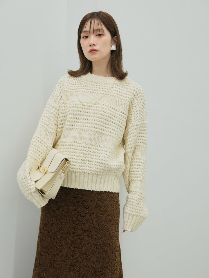 【Allure】[SET]ライン編みニットプルオーバー+起毛レースストレッチナロースカート(2set)