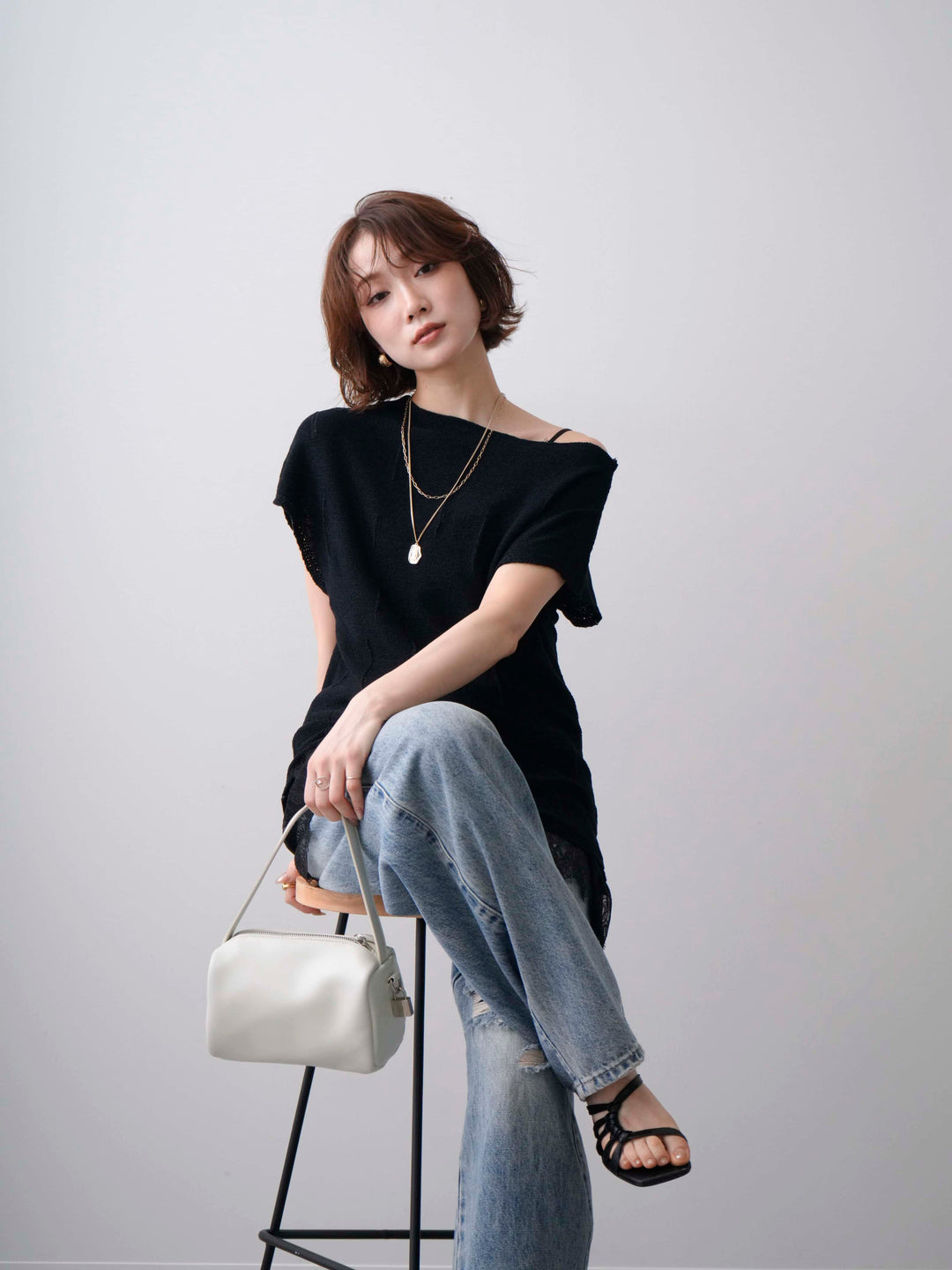 [SET]スラッシュ加工フレンチニットトップス+ダメージデニムセミワイドパンツ(2set)