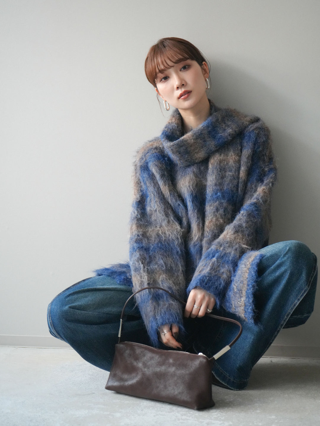 [予約]ストール付シャギーマルチボーダーニットプルオーバー/blue