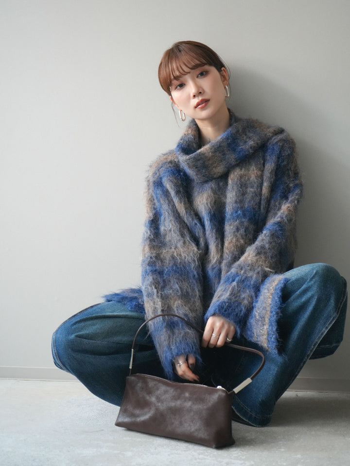 [予約]ストール付シャギーマルチボーダーニットプルオーバー/blue