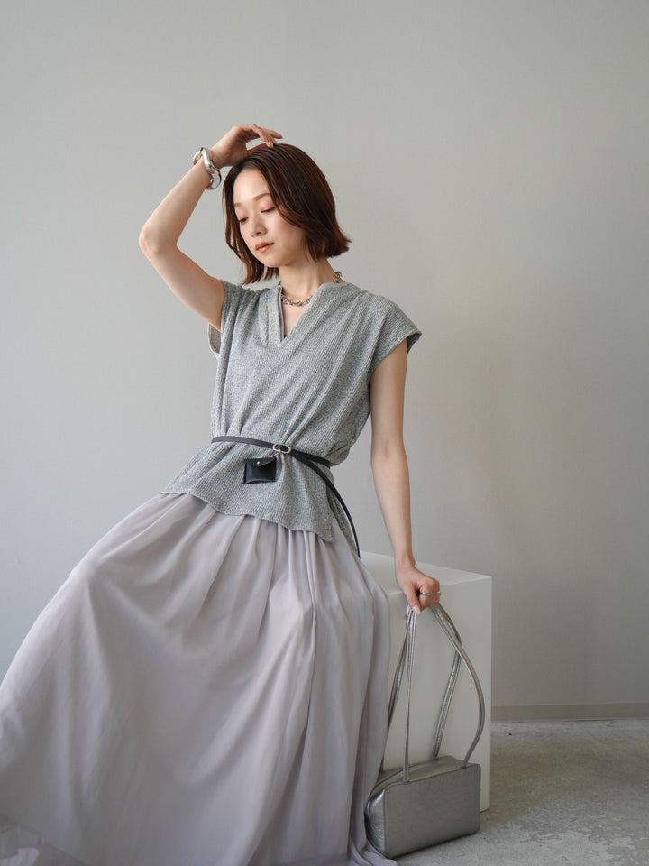 [予約]ベルト付シフォンコンビジャージワンピース/gray