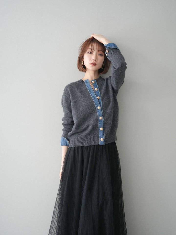 [SET]クルーネックデニムドッキングニットカーディガン+選べるアクセセット(2set)