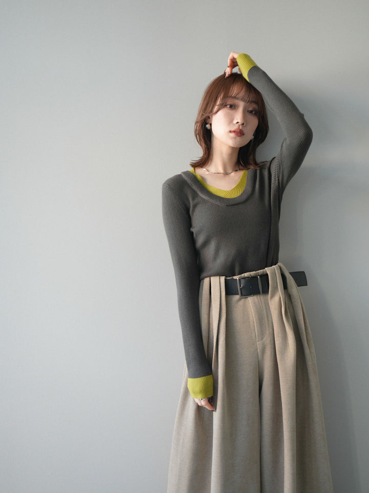 [予約]Uネック配色レイヤードリブニットトップス/gray