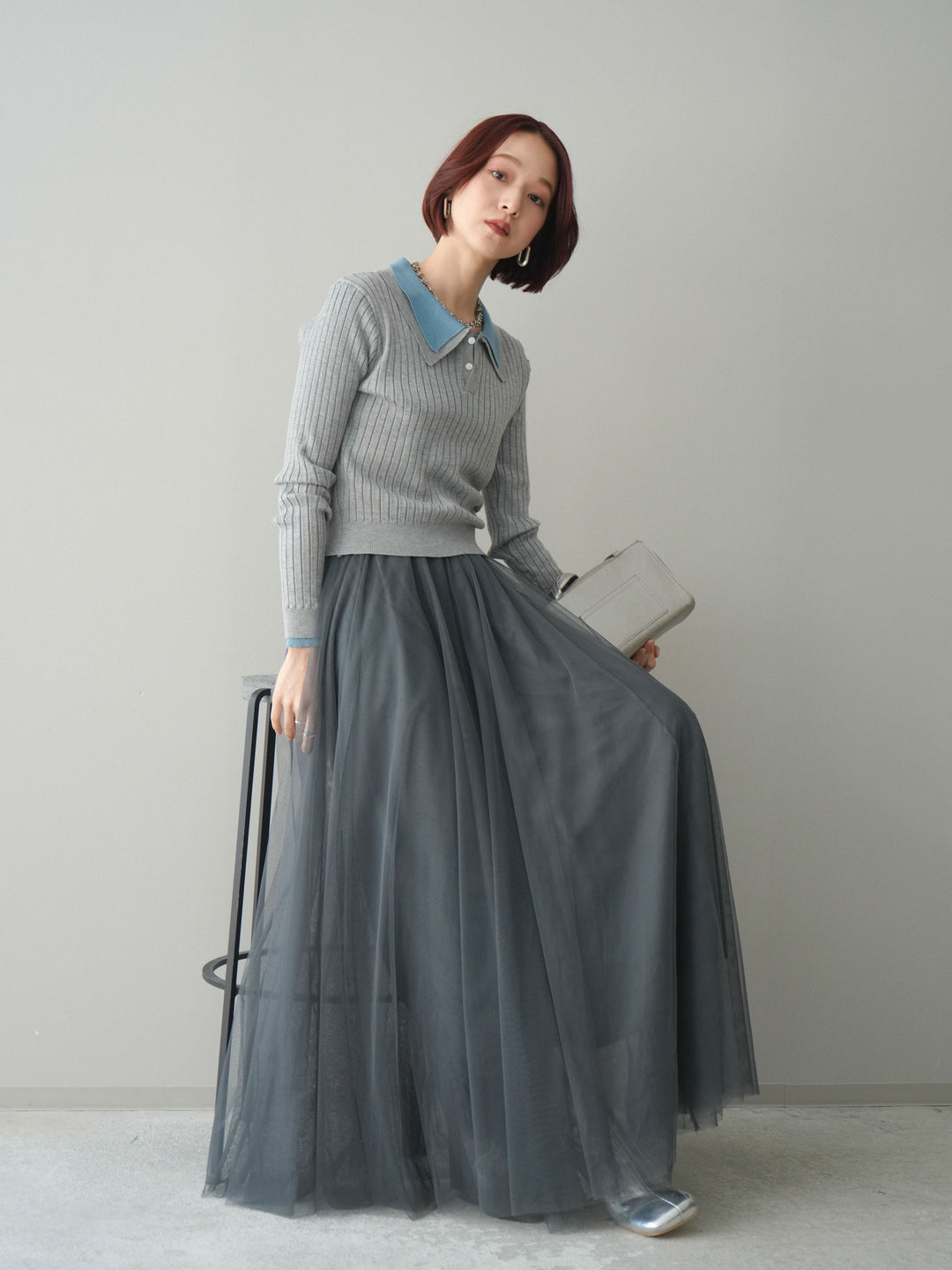 [SET]ダブル襟ポロリブニットトップス+チュールボリュームスカート(2set)