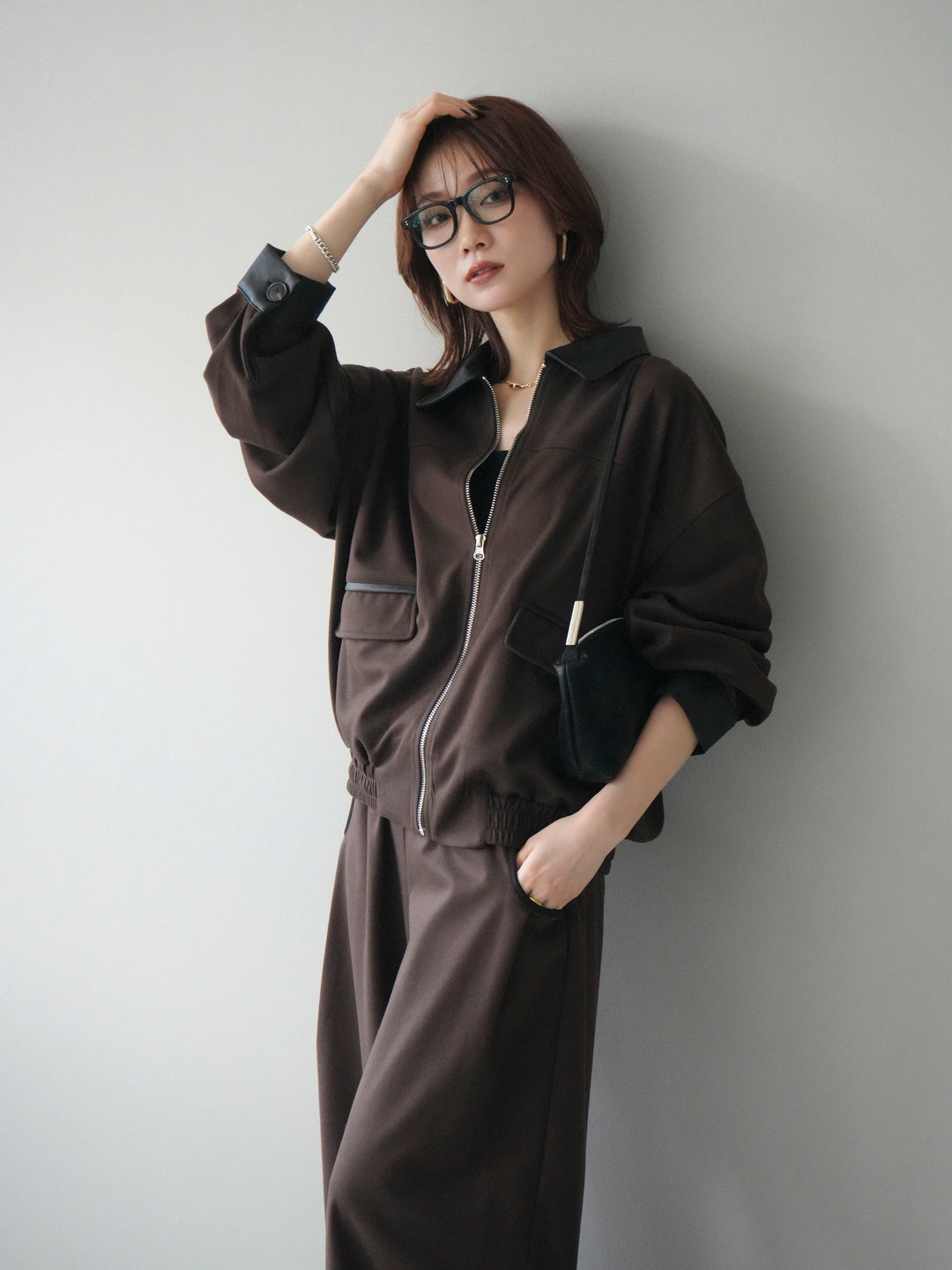 [予約]レザー襟配色パイピングブルゾン/brown