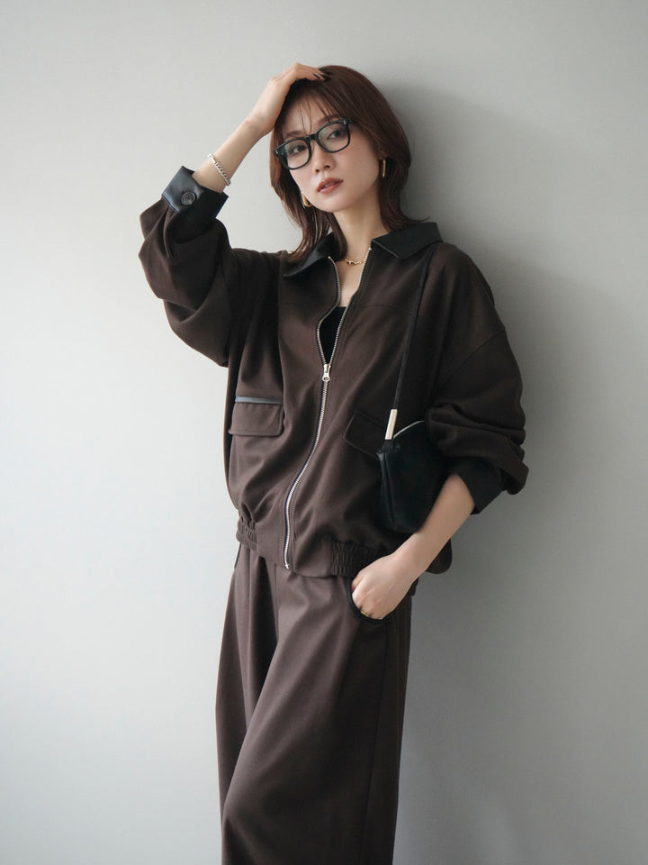 [予約]レザー襟配色パイピングブルゾン/brown