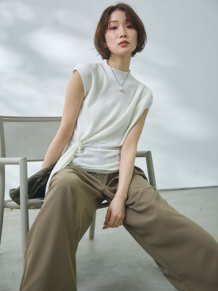 【Allure】[SET]サイドベルトボトルネックノースリーブニットトップス+エステルツイルタックワイドパンツ(2set)