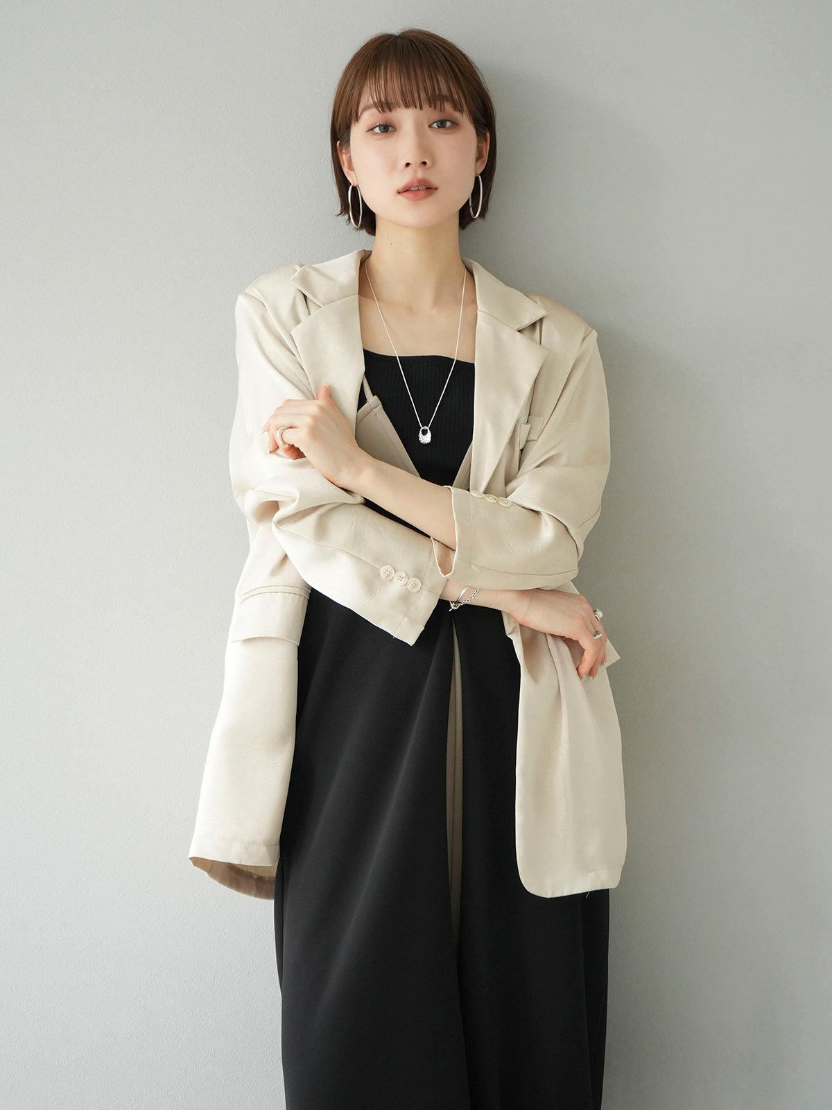 SET]バイカラーレイヤードデザインキャミワンピース+クラッシュサテン