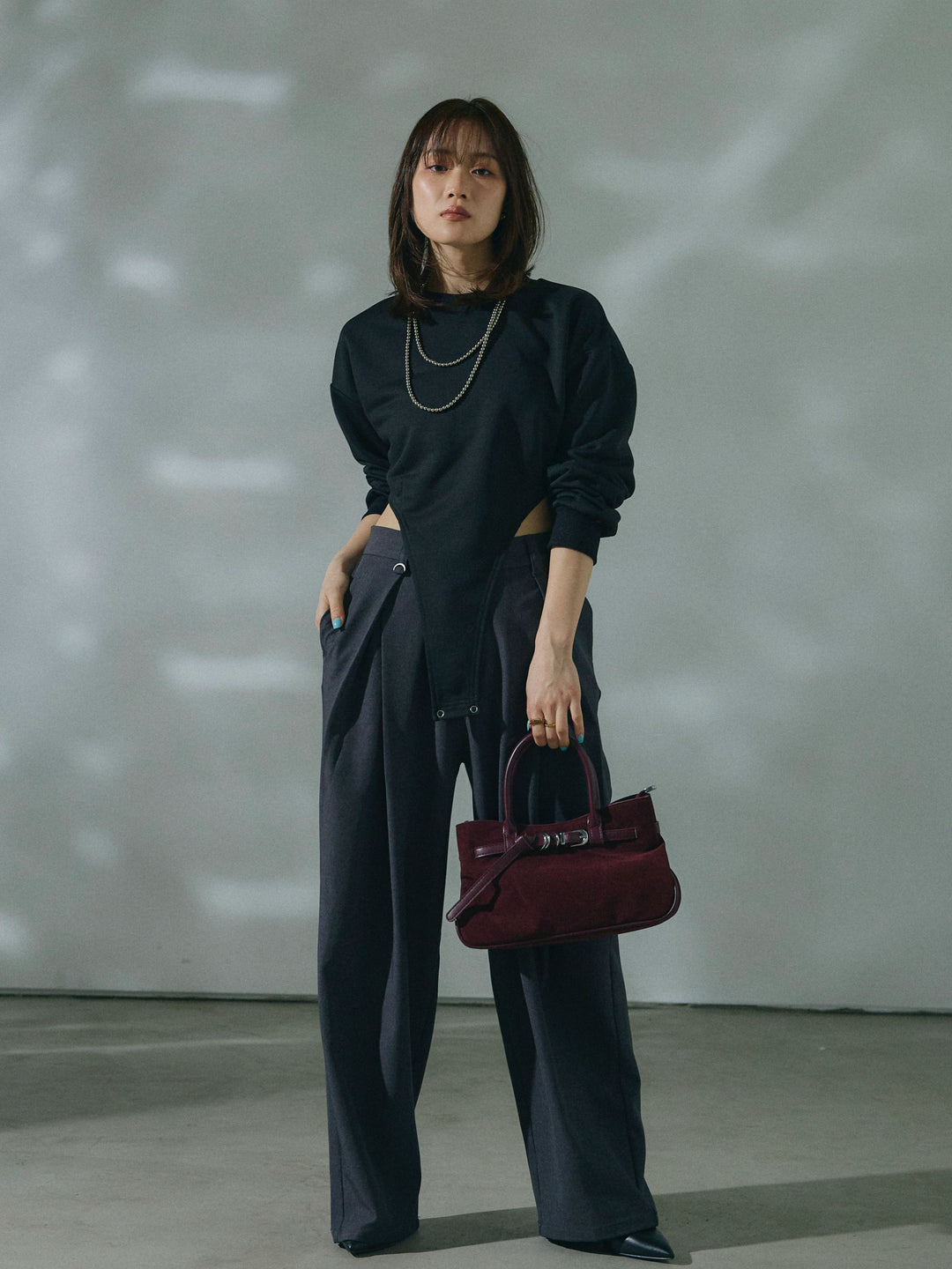 【Allure】[SET]スウェットボディスーツ+アシンメトリーウエストタックパンツ(2set)