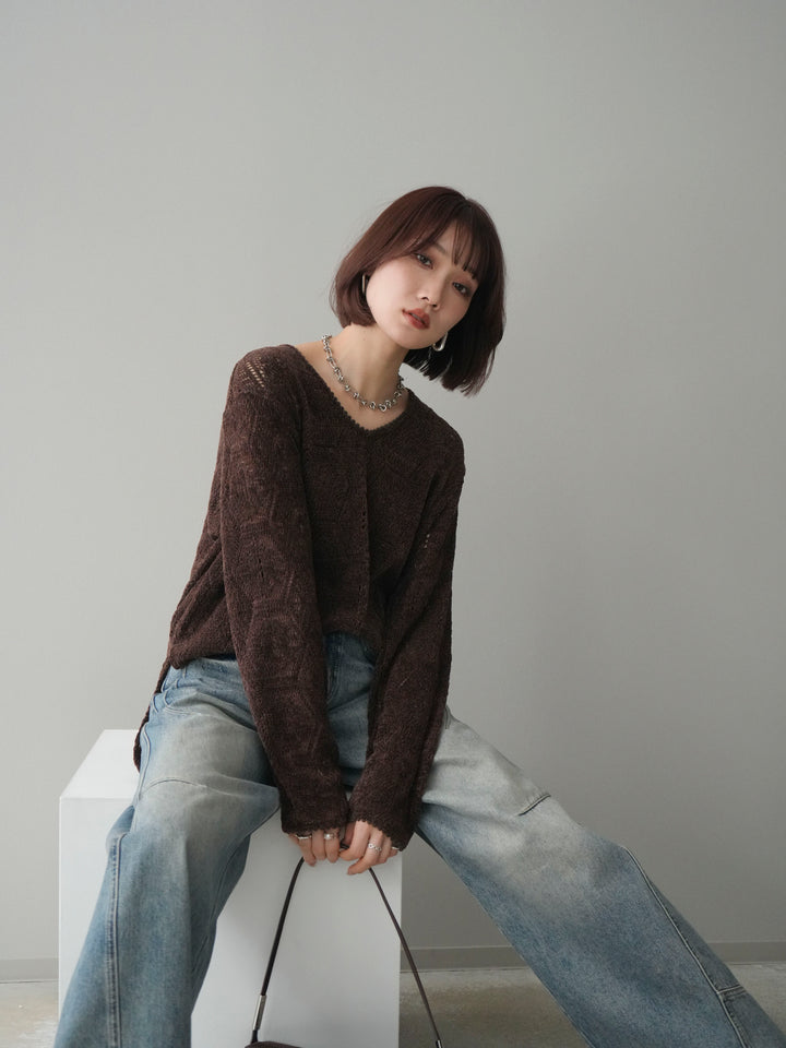 [予約]モール透かし編みニットトップス/brown