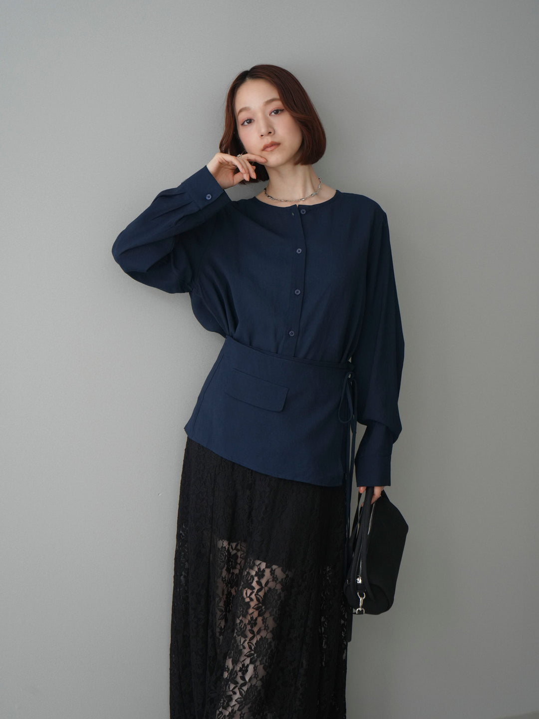 [予約]コットンライクラップブラウス/navy