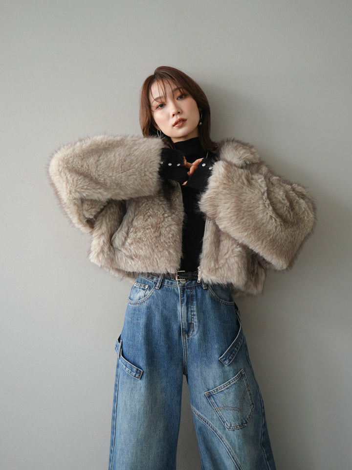 [予約]フェイクファーショートZIPジャケット/beigemix