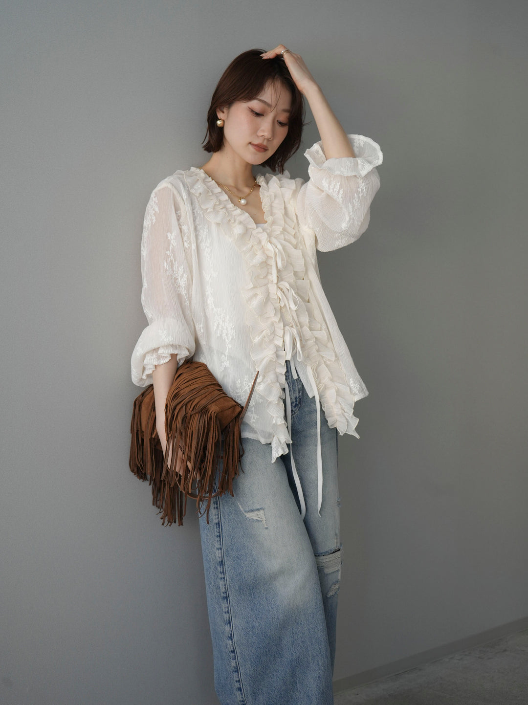 [予約]楊柳ラッフルフリルカーディガン/ivory