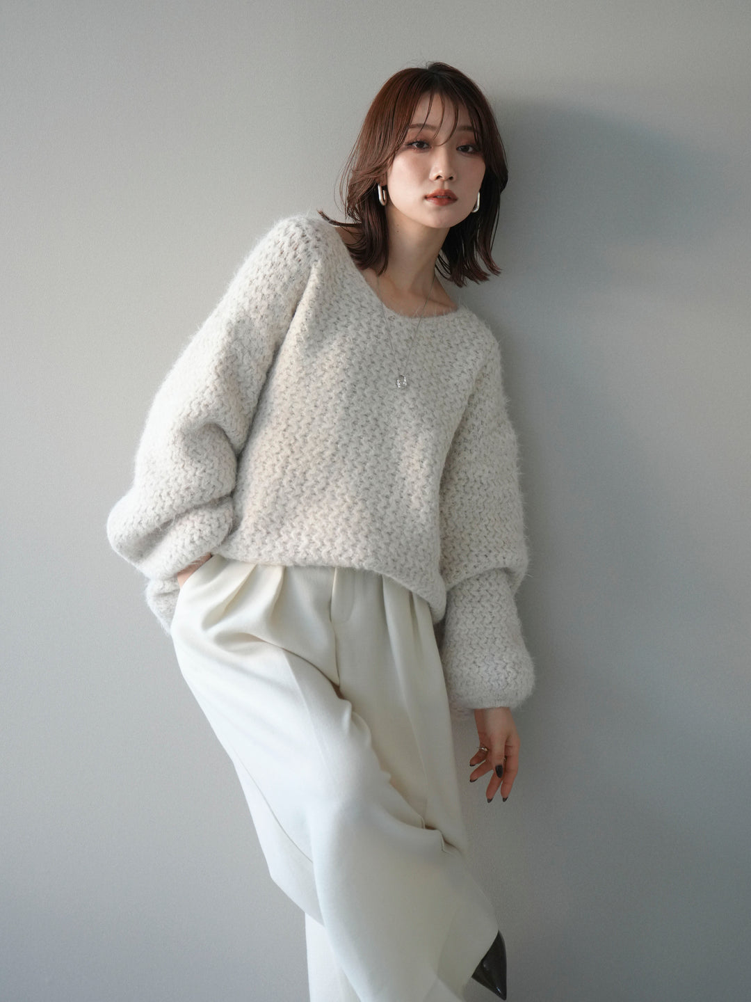 [予約]ウールタッチラメミックスヤーンVネックニットプルオーバー/ivory