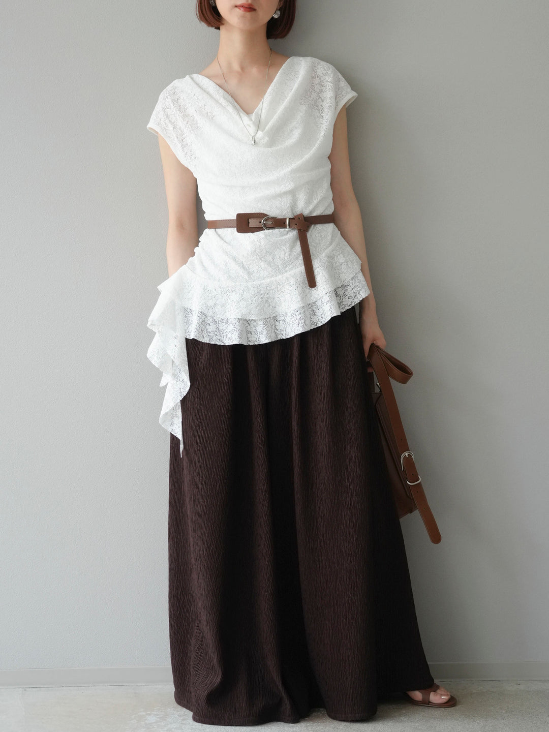 [予約]ベルト付ドレープデザインレーストップス/ホワイト