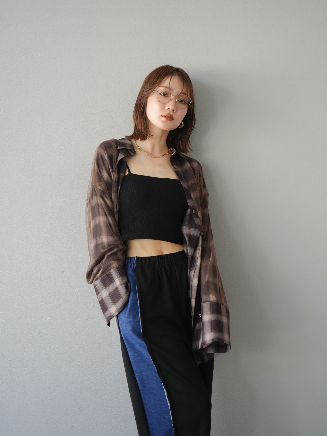 [套裝] 薄紗對接格紋寬鬆襯衫 + 牛仔布 Switch 2-Way 設計運動褲 (2 套)