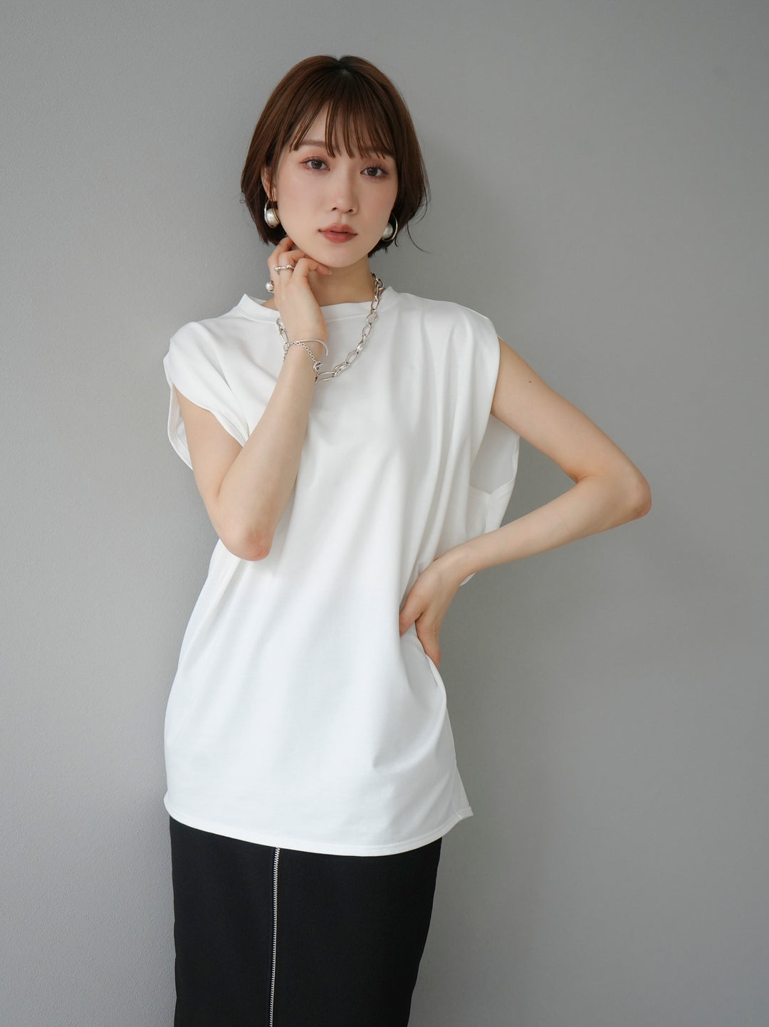 [SET] Shoulder tuck T-shirt + front zip knit tight skirt (2set)