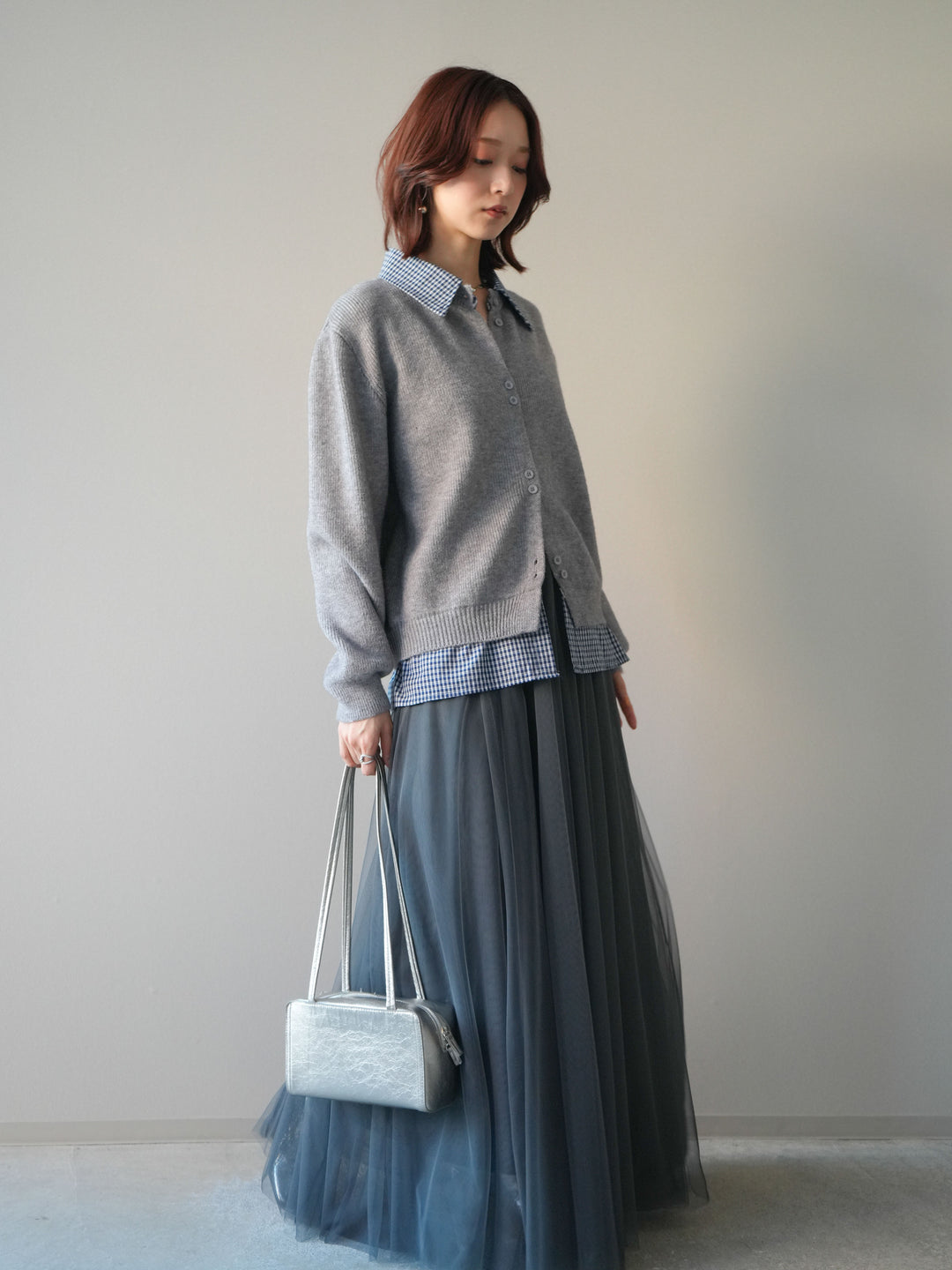 [SET]チェックシャツ襟ニットカーディガン+チュールボリュームスカート(2set)