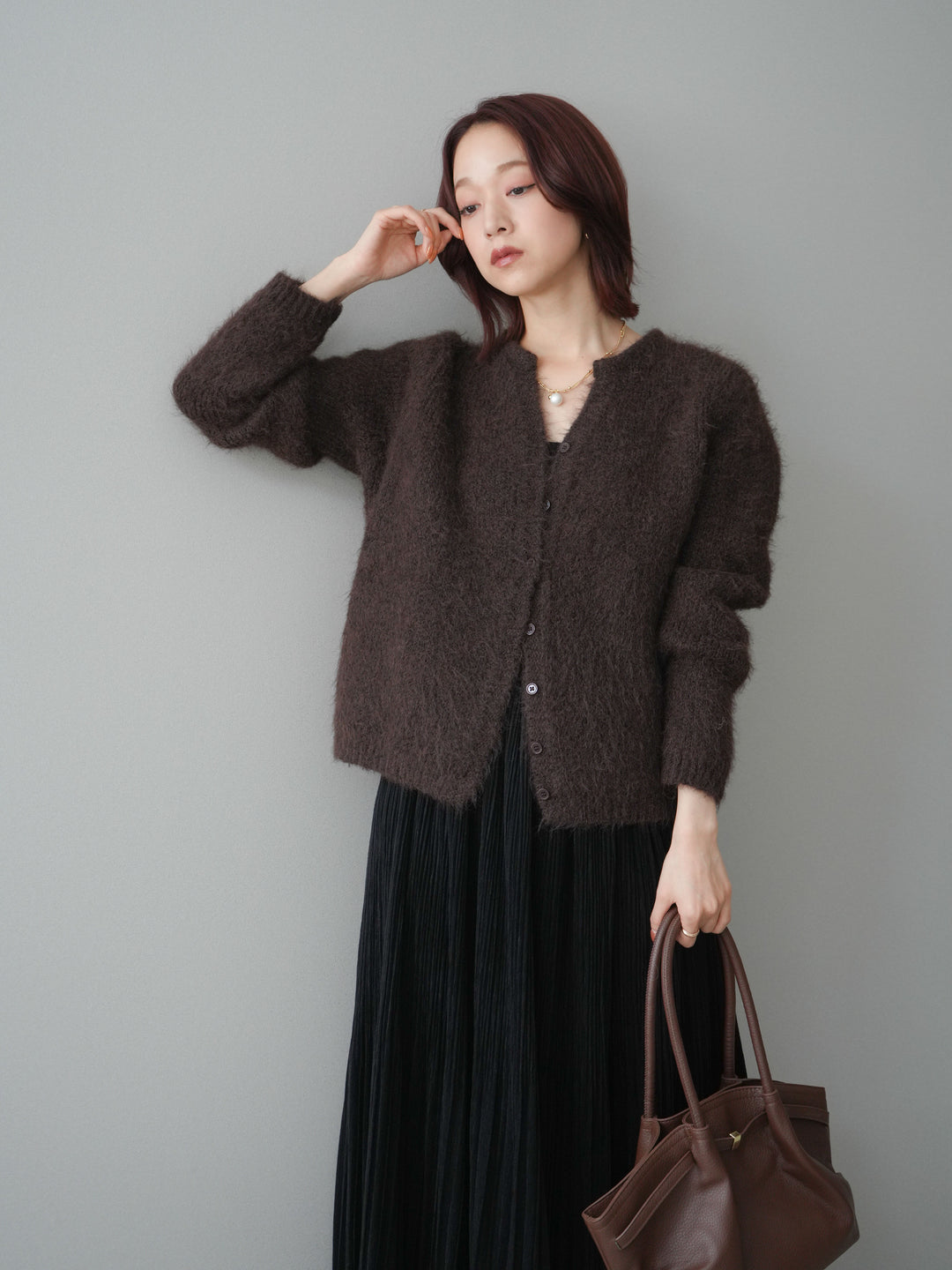 [予約]キーネックシャギーニットカーディガン/brown