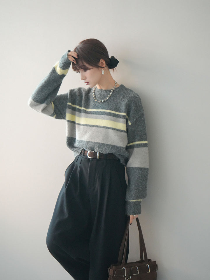 [SET]ソフトタッチボーダークロップドニットプルオーバー+アニマル柄ベルト付きウールタッチワイドパンツ(2set)