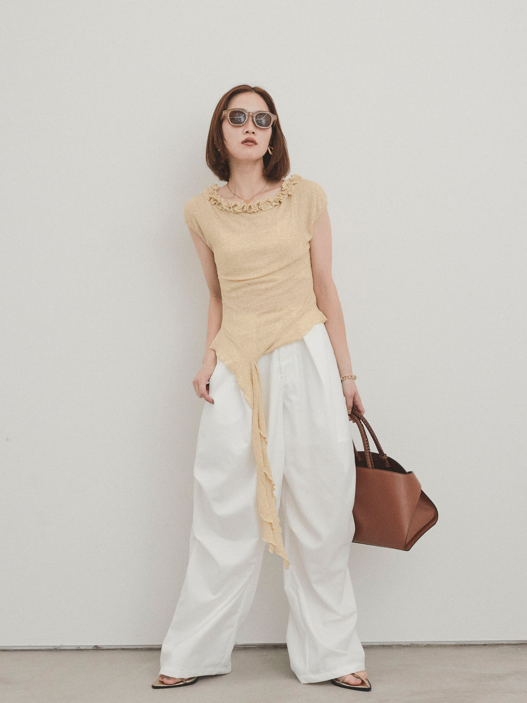 [套裝] 荷葉邊透視針織背心 + 設計環側褶褲 (2 套)