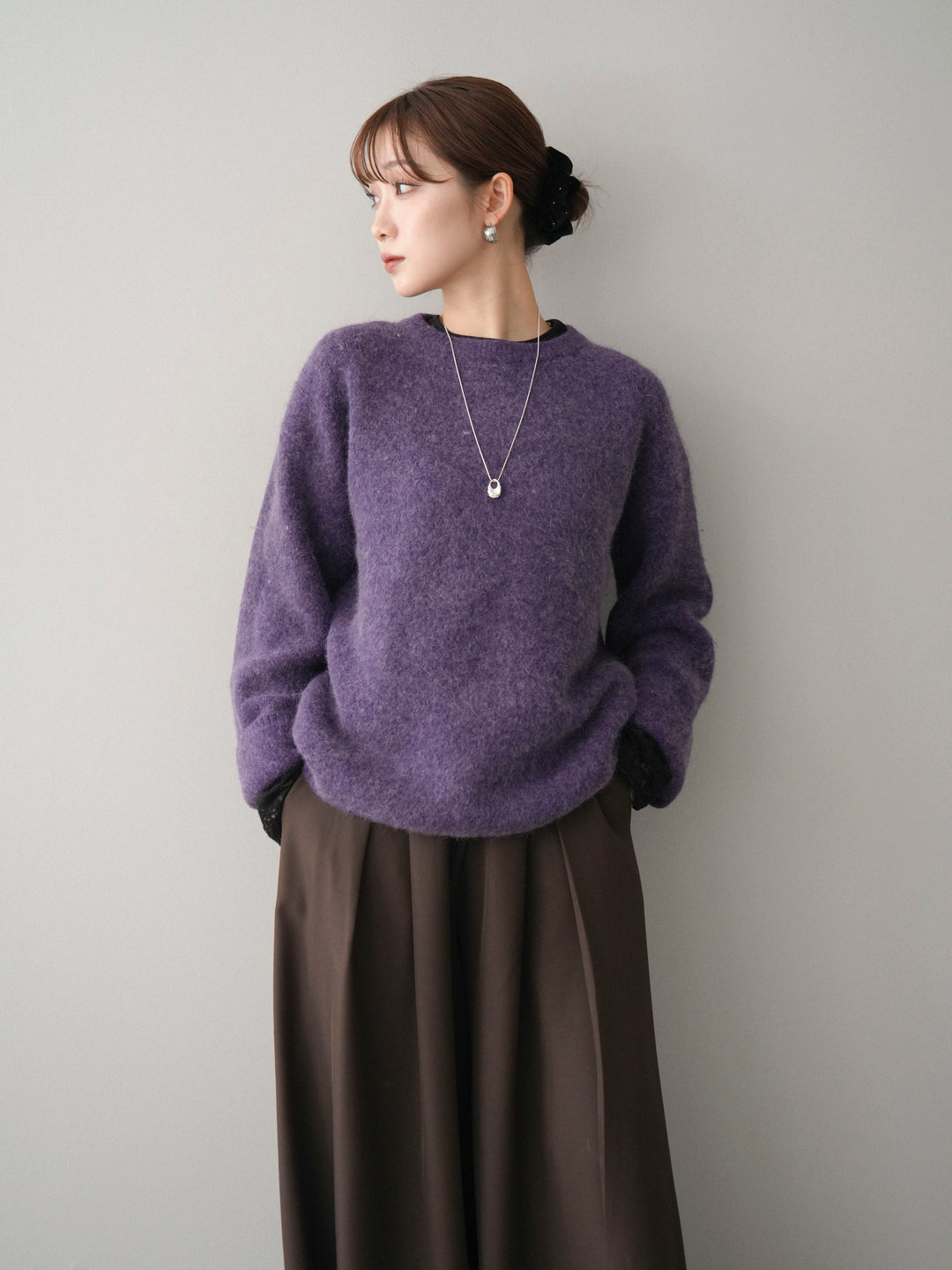 [SET]アンゴラタッチクルーネックニットプルオーバー+チュールレーストップス(2set)