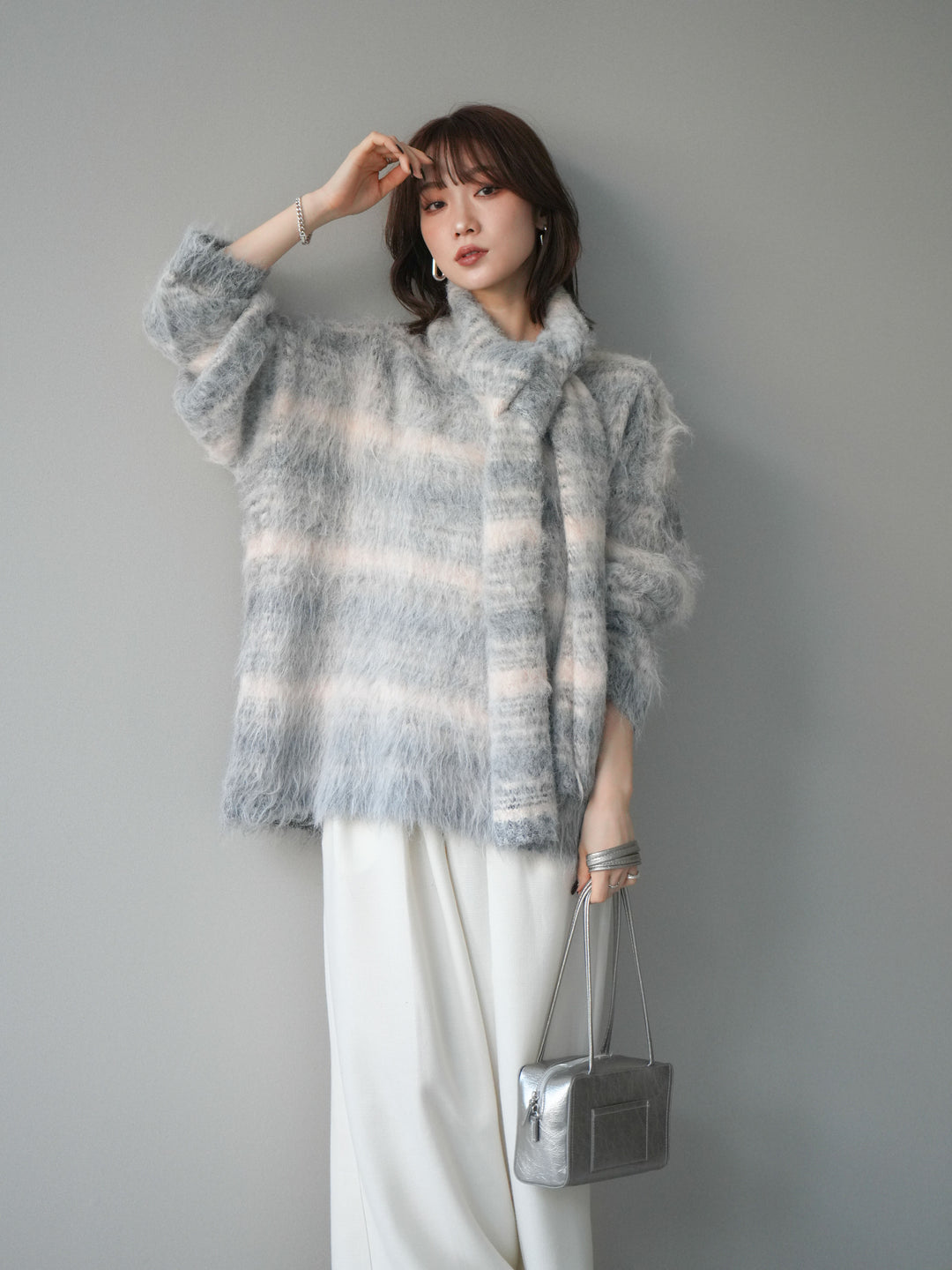 [予約]ストール付シャギーマルチボーダーニットプルオーバー/gray