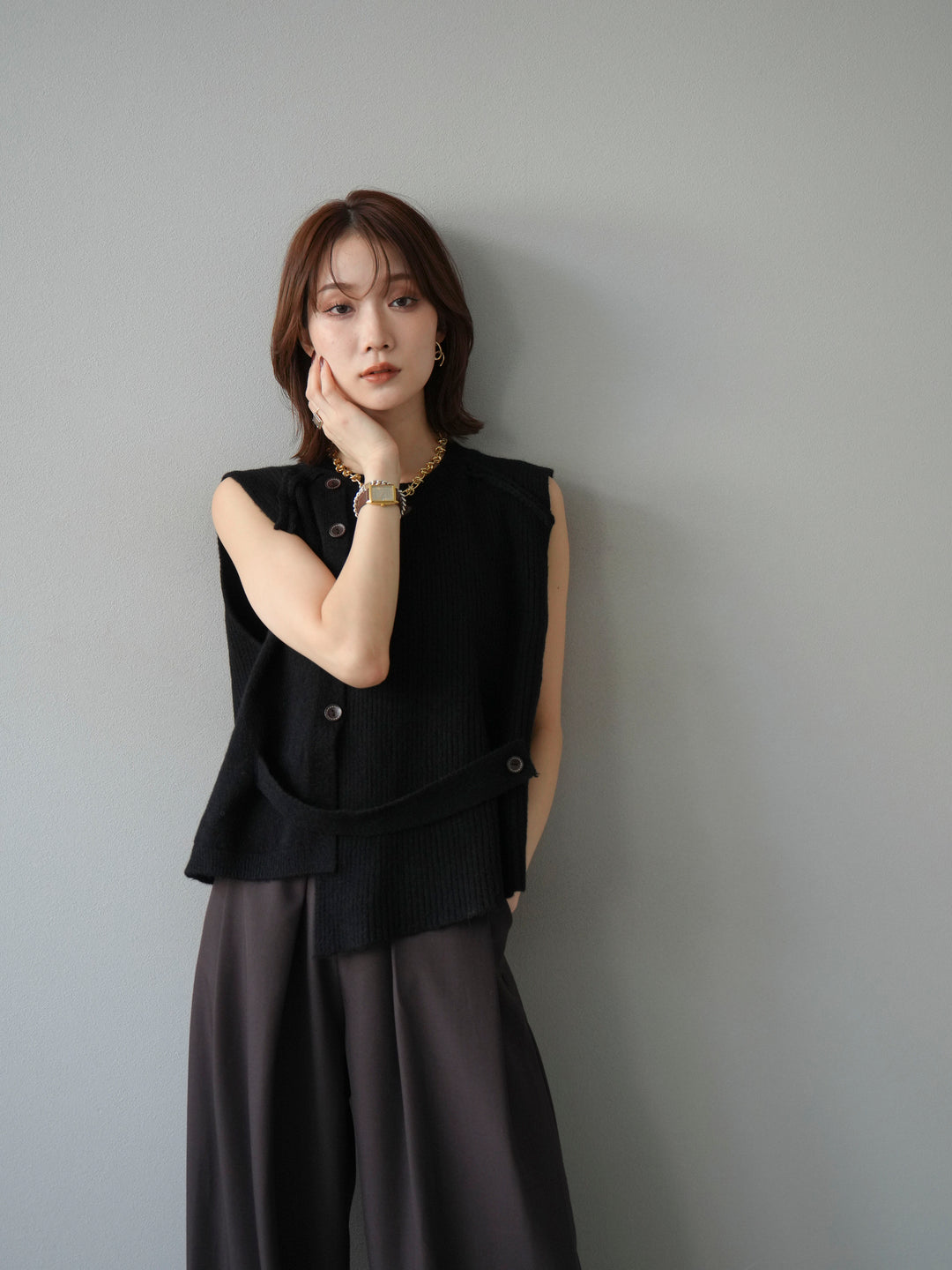[予約]レイヤードボタンニットベスト/ブラック