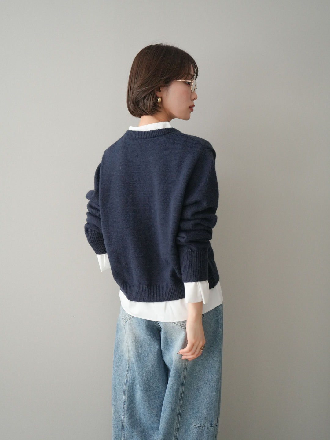 [SET]布帛ドッキングニットカーディガン+ガーメントウォッシュカーブデニムパンツ(2set)